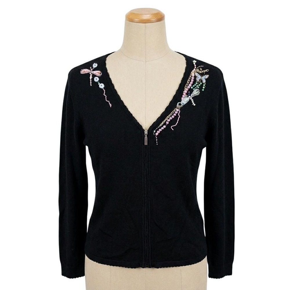 Mirasol Black Beaded Butterfly Zip Up Cardigan Sweater Y2K Whimsigoth Large